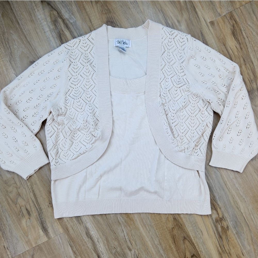 🍑Bob Mackie Tan/Cream Knit Attached Shrug & Tanktop Sweater 1X